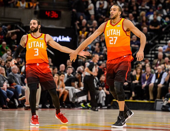 (Trent Nelson | The Salt Lake Tribune)  
Utah Jazz guard Ricky Rubio (3) and Utah Jazz center Rudy Gobert (27) high-five after a Gobert dunk as the Utah Jazz host the San Antonio Spurs, NBA basketball in Salt Lake City on Saturday Feb. 9, 2019.