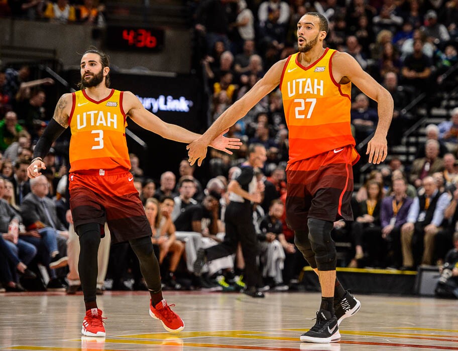 (Trent Nelson | The Salt Lake Tribune)  Utah Jazz guard Ricky Rubio (3) and Utah Jazz center Rudy Gobert (27) high-five after a Gobert dunk as the Utah Jazz host the San Antonio Spurs, NBA basketball in Salt Lake City on Saturday Feb. 9, 2019.
