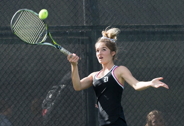 (Rick Egan  |  The Salt Lake Tribune) Mackenzie Turley, Davis High, plays Daniella Aaron, Lone Peak, in the 6A High School tennis championship game.  Turley defeated Aaron to place first in the #1 singles Friday, October 6, 2017.



