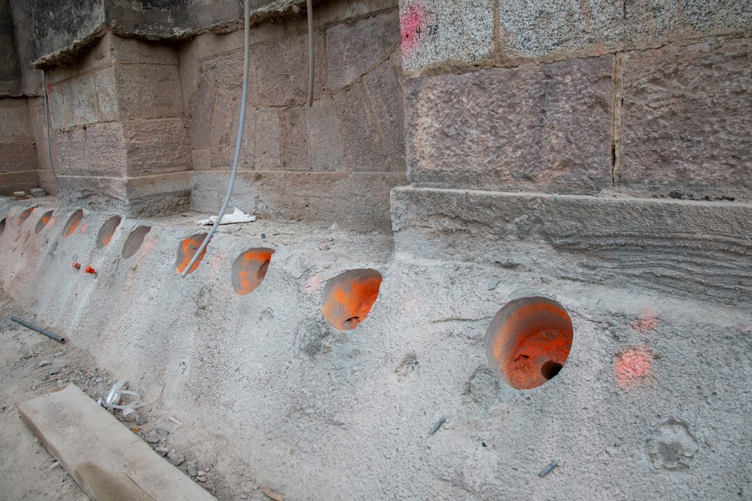(Photo courtesy The Church of Jesus Christ of Latter-day Saints) As part of strengthening the temple foundation in preparation for the seismic upgrade, these holes are drilled. A rod will be inserted, with fasteners that can tighten both sides of the foundation wall, to add stability.