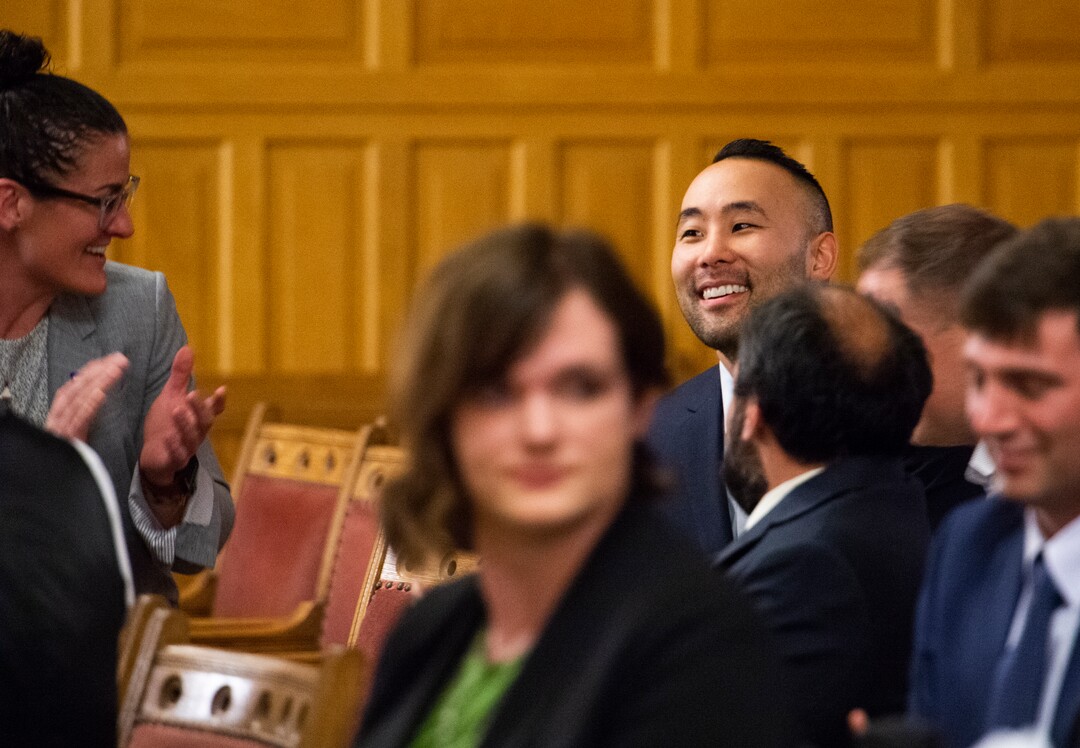 (Rick Egan  |  The Salt Lake Tribune)     Darin Masao Mano smiles as the vote count makes him the newest member of the the Salt Lake City Council as he takes the position vacated by Mayor Erin Mendenhall. Tuesday, Jan. 21, 2020.