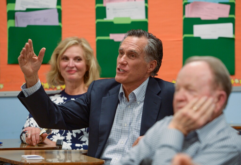(Leah Hogsten | The Salt Lake Tribune) Mitt and Ann Romney attend their local caucus meeting with other members of the Holladay Precinct 23. At Cottonwood High SchoolÕs GOP caucuses, a combined 35 caucuses met to elect precinct officers, who help govern the parties, plus delegates to state and county conventions, Tuesday, March 20, 2018.
