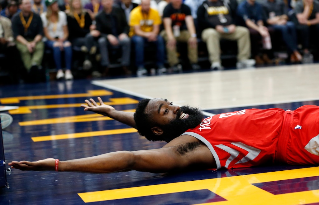 Houston Rockets guard James Harden (13) looks for a call in the second half during an NBA basketball game against the Utah Jazz, Monday, Feb. 26, 2018, in Salt Lake City. (AP Photo/Rick Bowmer)