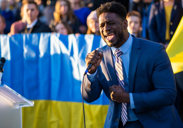 (Rick Egan | The Salt Lake Tribune) Yahosh Bonner sings at the Capitol  rally in support of Ukraine, on Monday, Feb. 28, 2022.