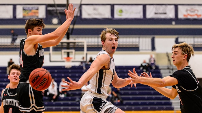(Trent Nelson | The Salt Lake Tribune)  Corner Canyon's Blake Emery (23) passes as Corner Canyon faces Bountiful in the title game of the Corner Canyon Tournament of Champions, high school boys' basketball in Draper, Saturday December 2, 2017.