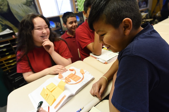 (Francisco Kjolseth  |  The Salt Lake Tribune)  Natalie Cornejo, left, and Michael Avelar, both 12, talk about the incentive to raise their SAGE test scores if their teacher colored her hair some wild colors. Sharon Moore, 6th grade teacher at North Star Elementary agreed to the terms during class on Tuesday, May 8, 2018 after her students' scores went up nearly 17 percent.