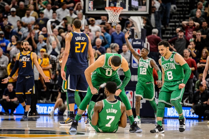 i(Trent Nelson | The Salt Lake Tribune)  
Utah Jazz vs. Boston Celtics, NBA basketball in Salt Lake City, Wednesday March 28, 2018. Boston Celtics forward Jayson Tatum (0) and Boston Celtics guard Jaylen Brown (7) celebrate Brown's three-pointer with .3 seconds remaining.