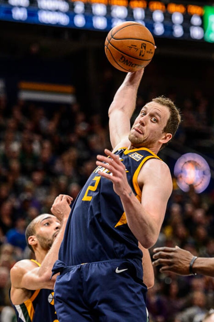 (Trent Nelson | The Salt Lake Tribune)  
Utah Jazz vs. Boston Celtics, NBA basketball in Salt Lake City, Wednesday March 28, 2018. Utah Jazz forward Joe Ingles (2) rebounds.