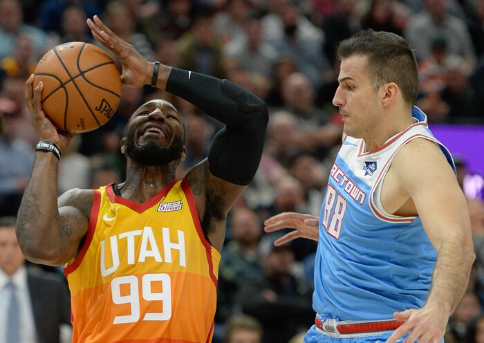 (Francisco Kjolseth  |  The Salt Lake Tribune)  Utah Jazz forward Jae Crowder (99) tries to push past Sacramento Kings forward Nemanja Bjelica (88) in the NBA game at Vivint Smart Home Arena Wed., Nov. 21, 2018, in Salt Lake City.