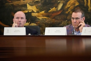 (Francisco Kjolseth | The Salt Lake Tribune) Gov. Spencer Cox and House Speaker Mike Schultz, R-Hooper, attend a meeting of the Capitol Preservation Board at the Utah Capitol on Thursday, Oct. 1, 2026.