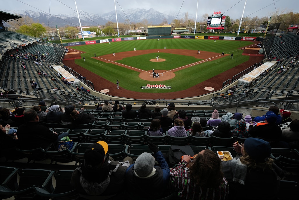 (Rick Egan | The Salt Lake Tribune)  The Salt Lake Bees face the Reno Aces at Smith's Ballpark on Tuesday, April 18, 2023.