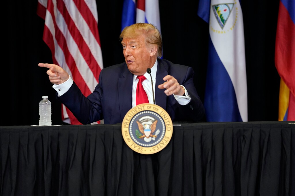 (Evan Vucci | AP file photo)  President Donald Trump speaks during a roundtable on Venezuela at Iglesia Doral Jesus Worship Center, Friday, July 10, 2020, in Doral, Fla.