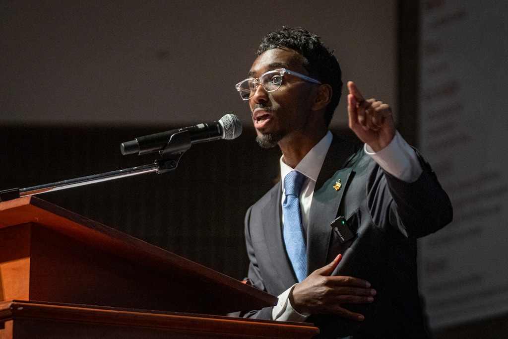 (Rick Egan | The Salt Lake Tribune) First Congressional District Democratic candidate Liban Mohamed speaks at the Democratic nominating convention at Jordan High School in Sandy on Saturday, April 25, 2026.