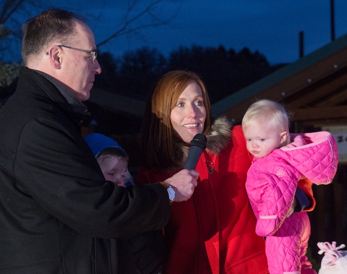 (Rick Egan  |  The Salt Lake Tribune)   Hogle Zoo director, Steve Burns talks with Jennie Taylor, holding 1-year-old Caroline, before her family switched on the ZooLights at Hogle Zoo are turned on, Friday, Nov. 30, 2018. The lights continue  through December 31st,