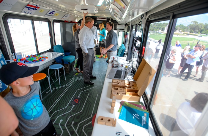 (Steve Griffin | The Salt Lake Tribune) Work stations inside the Utah STEM Bus is parked in front of the Utah State Capitol in Salt Lake City Wednesday August 16, 2017. The Utah STEM Action Center held a ribbon-cutting ceremony to celebrate the launch of the bus into the 2016-2017 school year. The Center transformed a donated Utah Transit Authority bus into a mobile classroom to bring hands-on science, technology, engineering and math experiences to Utah students.