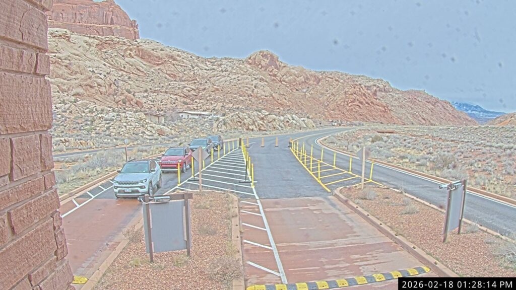 (National Park Service) Traffic was light at the entrance to Arches National Park on Wednesday afternoon, Feb. 18.