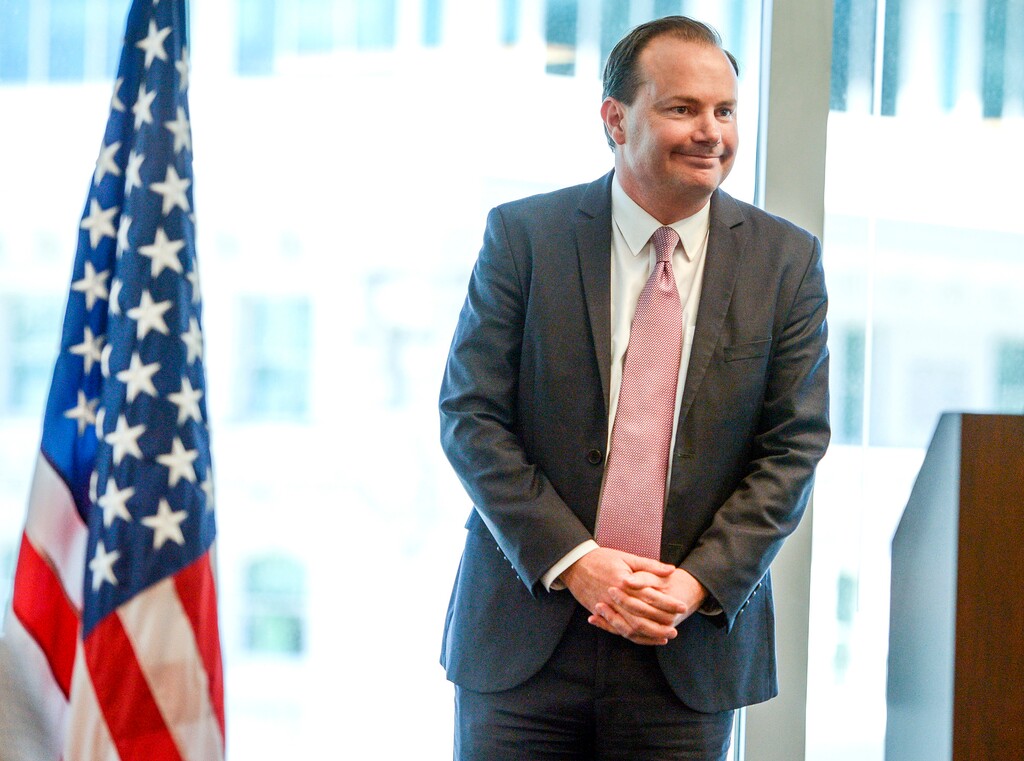 Sen. Mike Lee speaks at a Utah public lands forum hosted by the Sutherland Institute, June 29, 2018, in Salt Lake City. (Leah Hogsten/The Salt Lake Tribune via AP)