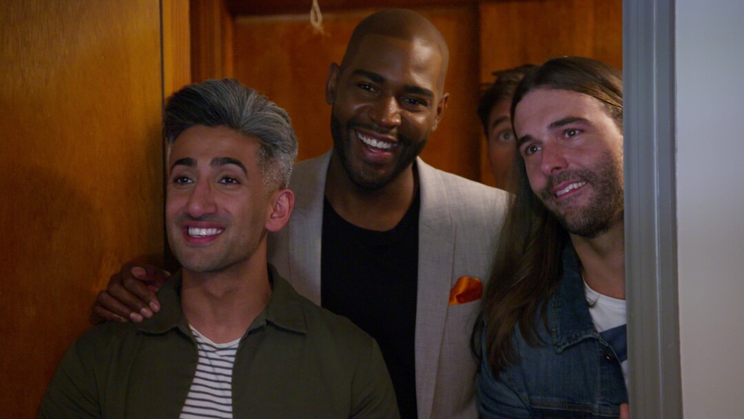 Tan France, Karamo Brown, Jonathan Van Ness — three members of the Fab Five — in an episode of “Queer Eye.”