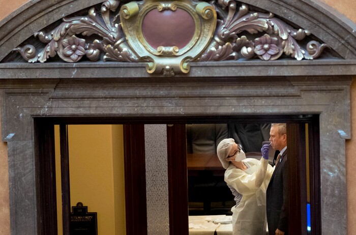 (Francisco Kjolseth  | The Salt Lake Tribune) Rep. Mark Strong, R-Bluffdale, receives a rapid test outside of the House chamber for the start of the 2021 legislative session at the Capitol in Salt Lake City on Tuesday, Jan. 19, 2021.