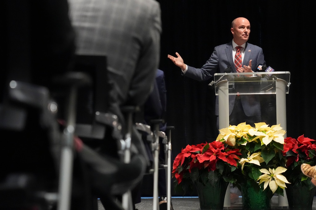 (Bethany Baker | The Salt Lake Tribune) Gov. Spencer Cox speaks during a press conference on free speech on college campuses in downtown Salt Lake City on Friday, Dec. 1, 2023. Cox said in a recent town hall that more changes to college campuses' diversity efforts could happen soon.