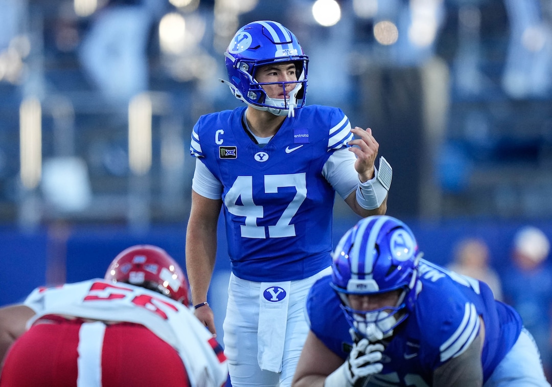 (Francisco Kjolseth | The Salt Lake Tribune) BYU Cougars quarterback Bear Bachmeier (47) during the first half of an NCAA college football game against Utah Tech, Saturday, Sept. 5, 2026, at LaVell Edwards Stadium in Provo.