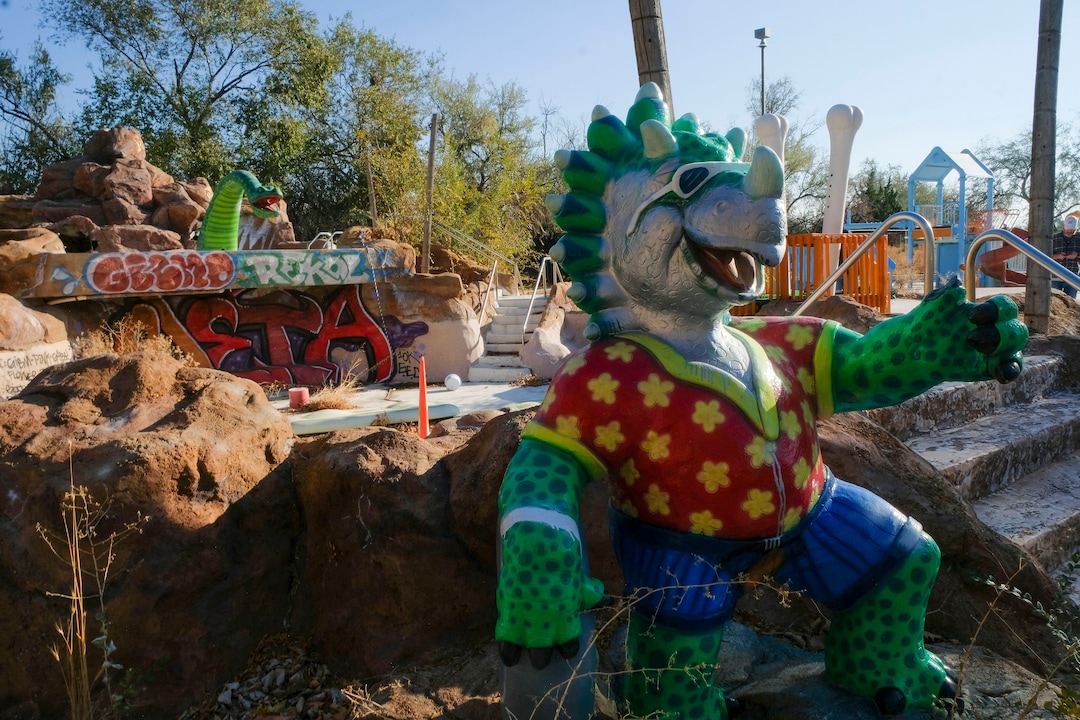 (Leah Hogsten  |  The Salt Lake Tribune) Oct. 29, 2020. In the 1980's Raging Waters water park was home to the world's third wave pool. Today the property is in such disrepair that Salt Lake City needs to disassemble it and figure out some kind of new park to replace it. Closed since 2018,vandalism and operator abandonment has left the park a liability for the city.