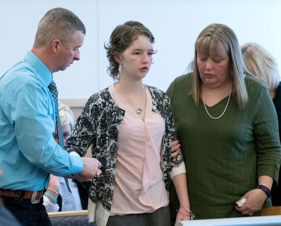 (Eli Lucero  |  Herald Journal, pool) Matt and April Turner help their daughter Deserae Turner walk to the podium to speak during Colter Peterson's sentencing hearing forattempted aggravated murder and robbery, Thursday, Feb. 1, 2018, in Logan, Utah. Peterson received a sentence of 15 years to life for shooting Deserae Turner in February 2017, and leaving her for dead in a dry irrigation canal in Smithfield, Utah.