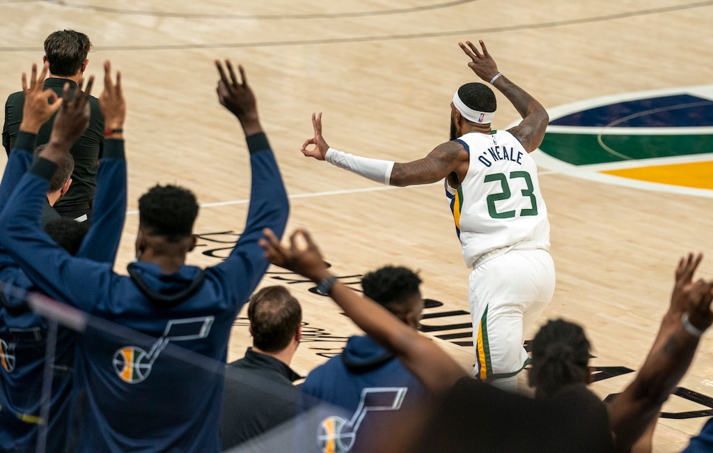 (Rick Egan | The Salt Lake Tribune) Utah Jazz forward Royce O'Neale (23) reacts after hitting a 3-point shot, in NBA action between the Utah Jazz and the Golden State Warriors at Vivint Arena, on  Saturday, Jan. 23, 2021.