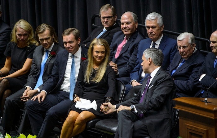 (Steve Griffin  |  The Salt Lake Tribune)  Christena Huntsman Durham is consoled by her brothers Paul Huntsman and Jon Huntsman Jr. after after she spoke during funeral services for Jon Huntsman Sr. at the Huntsman Center on the University of Utah campus in Salt Lake City Saturday February 10, 2018.