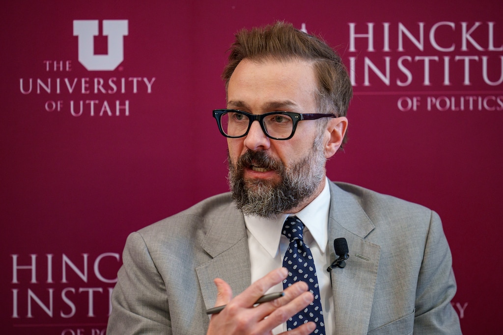 (Trent Nelson | The Salt Lake Tribune) Utah System of Higher Education Commissioner Geoff Landward speaks about higher education and the Legislature at the University of Utah in Salt Lake City on Thursday, Jan. 16, 2025. Landward said he doesn't want the liberal arts to be targeted by budget cuts and program eliminations.
