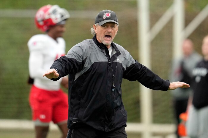 (Marcio Jose Sanchez | AP) Utah head coach Kyle Whittingham instructs his team during practice ahead of the Rose Bowl NCAA college football game against Penn State, Friday, Dec. 30, 2022, in Carson, Calif.