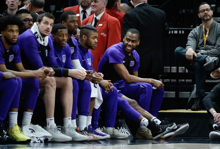 (Francisco Kjolseth  |  The Salt Lake Tribune)  Former Utah player Sacramento Kings guard Alec Burks (13), right, sits on the bench as the Utah Jazz host the Sacramento Kings in their NBA game at Vivint Smart Home Arena Friday, April 5, 2019, in Salt Lake City.