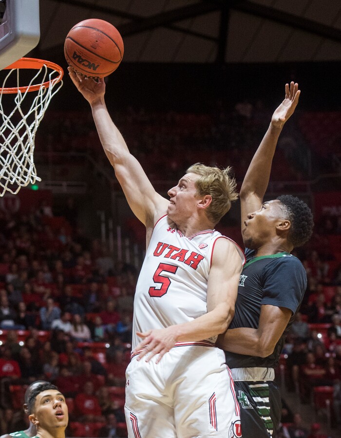 (Rick Egan  |  The Salt Lake Tribune)  Utah Utes guard Parker Van Dyke (5) goes in for a layup, in basketball action, Utah Utes vs Hawaii Warriors, at the Jon M. Huntsman Center, Saturday, December 2, 2017.