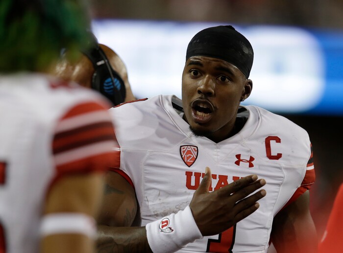 Utah quarterback Troy Williams (3) in the second half during an NCAA college football game against Arizona, Friday, Sept. 22, 2017, in Tucson, Ariz. Utah defeated Arizona 30-24. (AP Photo/Rick Scuteri)