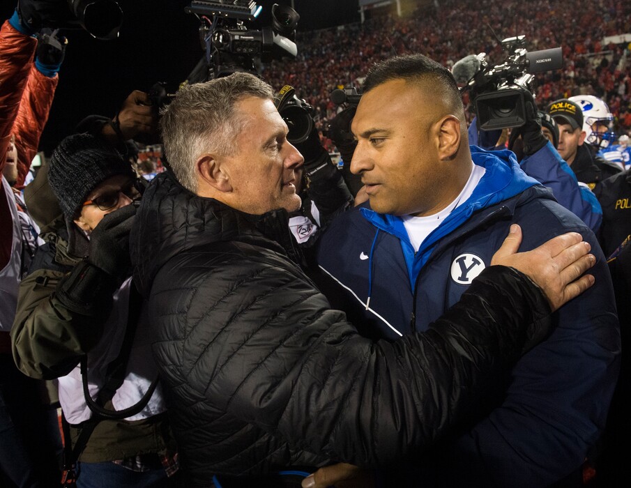(Rick Egan  |  The Salt Lake Tribune) After blowing a 27-7 lead and losing 35-27 to Utah last November, BYU coach Kalani Sitake (right) vowed to improve the Cougars' depth in spring practices, which concluded last week. The Cougars host the Utes on Aug. 29 in Provo to open the 2019 season.