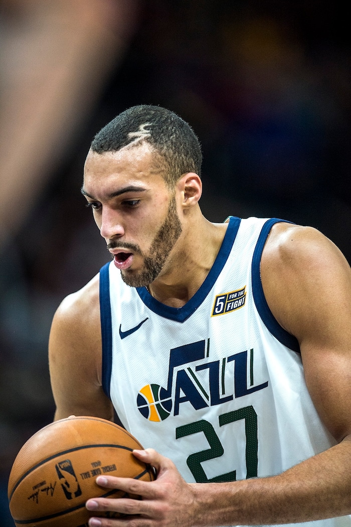 (Chris Detrick  |  The Salt Lake Tribune)  Utah Jazz center Rudy Gobert (27) shoots a free throw during the game at Vivint Smart Home Arena Friday, January 19, 2018.  