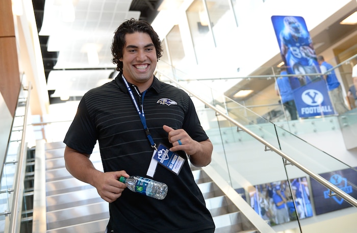(Francisco Kjolseth  |  The Salt Lake Tribune)  Former BYU football player Bronson Kaufusi, with the Baltimore Ravens attends the eighth-annual football media day at the BYU-Broadcasting Building on Friday, June 22, 2018.