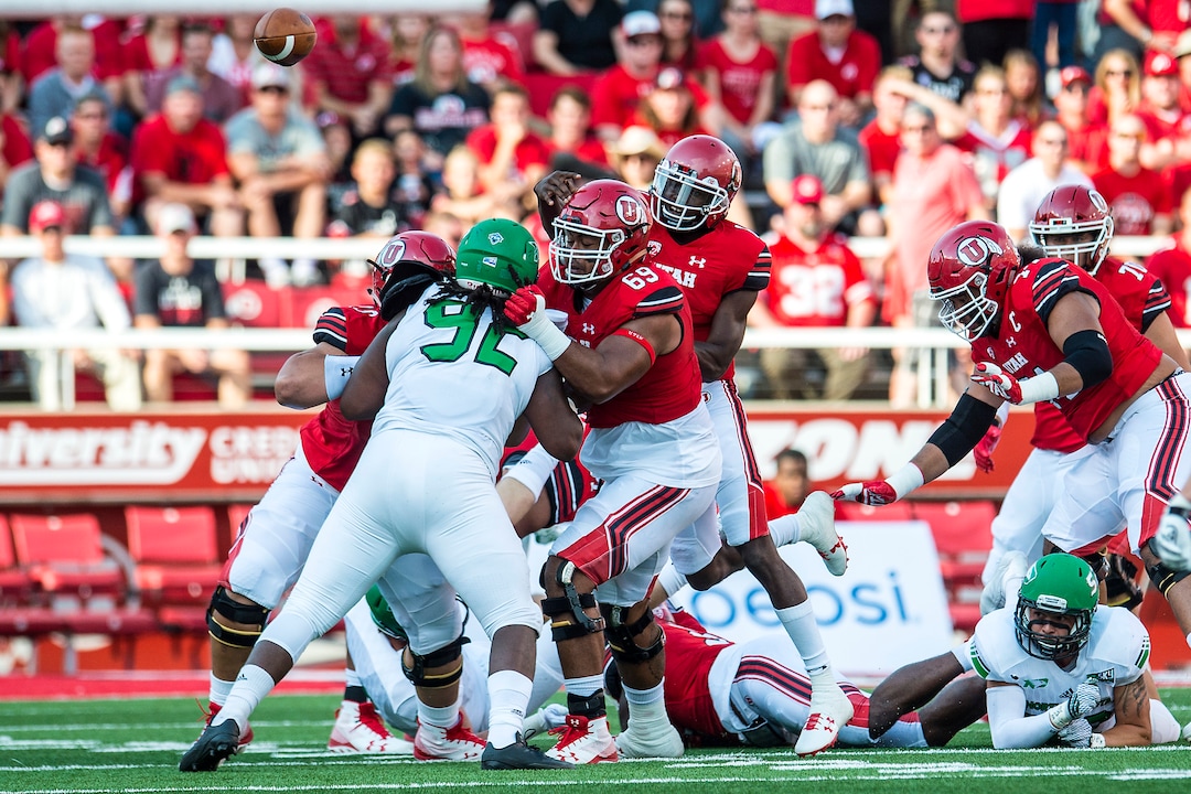 (Chris Detrick  |  The Salt Lake Tribune)  Utah Utes quarterback Tyler Huntley (1) throws the ball during the game at Rice-Eccles Stadium Thursday, August 31, 2017. Utah Utes are leading North Dakota Fighting Hawks 17-9 at halftime. 