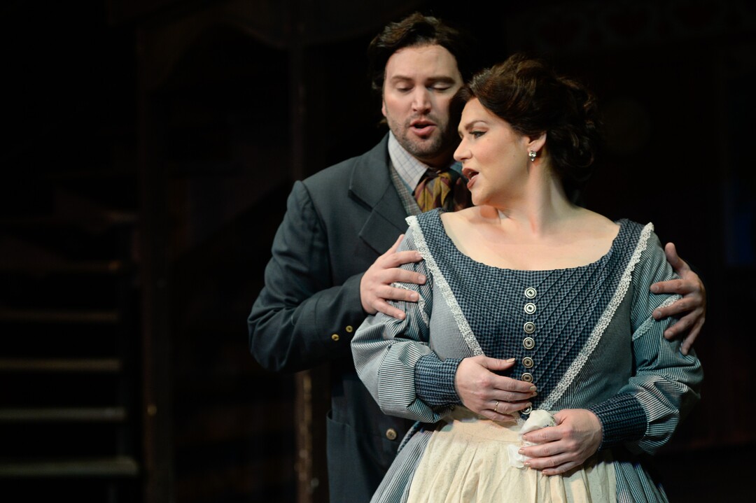 (Francisco Kjolseth  |  The Salt Lake Tribune)  Utah Opera's season opener, "La bohème," Puccini's popular tearjerker about starving artists in turn-of-the-century Paris, opens for five shows on Oct. 7, 2017. On set were: Jennifer Black (Mimì) and Scott Quinn (Rodolfo).