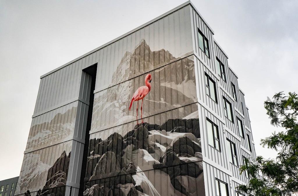 (Francisco Kjolseth | The Salt Lake Tribune) The Exchange, the high-profile new development at 400 S. and 300 East, which is now fully open and consisting of The Shop, a shared workspace; Mya, a mixed-income apartment complex; and the Avia, a luxury apartment complex. The exterior murals are among nearly 20 pieces of locally produced art incorporated into the new development. Featured are "The Return of Pink Floyd" by Phillip Adams and "Home Again" by Keya Tama.