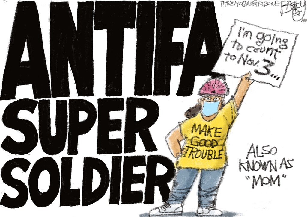 (Pat Bagley | The Salt Lake Tribune) This cartoon, titled "Antifa Super Soldier," appears in The Salt Lake Tribune on Thursday, July 23, 2020.