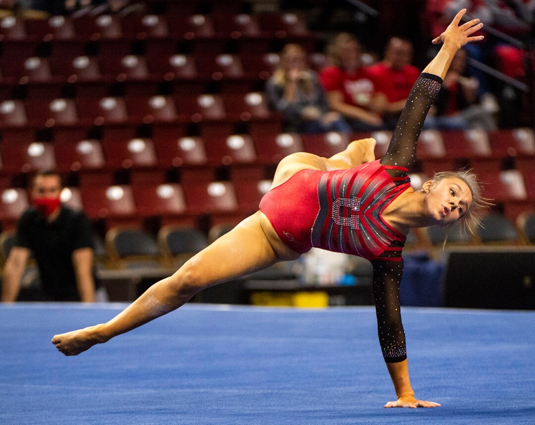 (Rick Egan | The Salt Lake Tribune) Sydney Soloski competes on the floor for Utah in the Best of Utah gymnastics meet at the Maverik Center on Saturday, Jan. 9, 2021.
