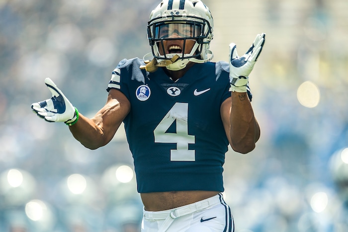(Chris Detrick  |  The Salt Lake Tribune)  Brigham Young Cougars running back Trey Dye (4) cheers before the game at LaVell Edwards Stadium Saturday, August 26, 2017.