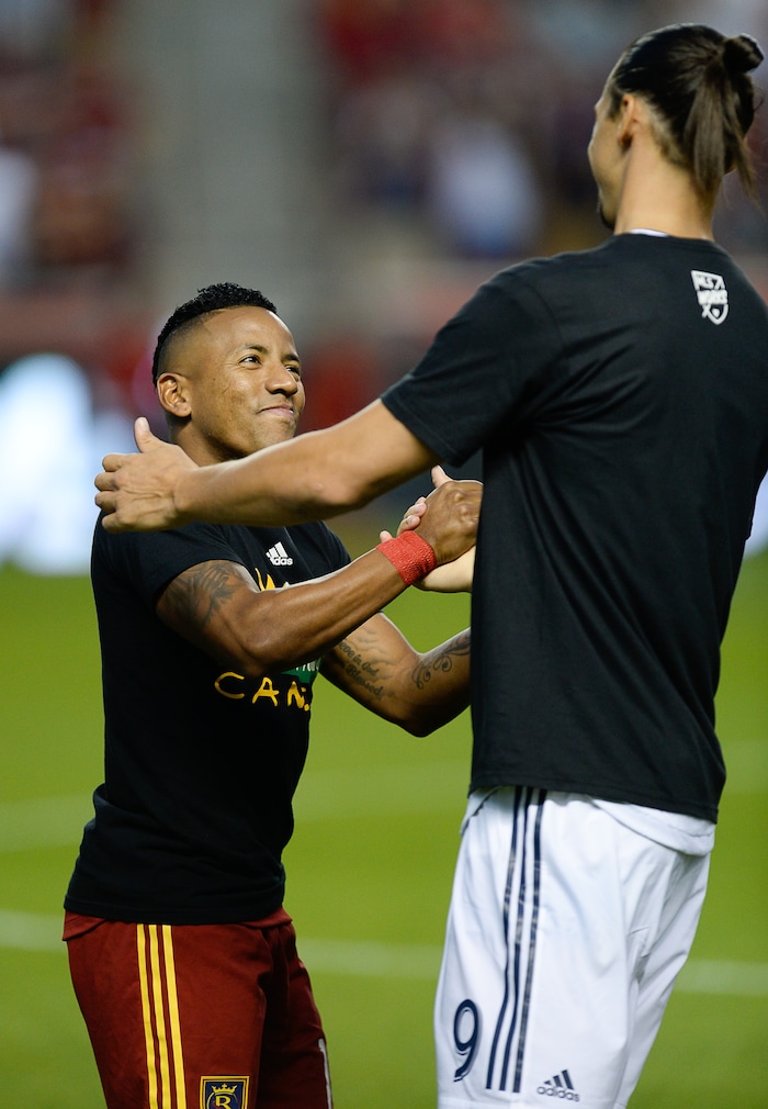 (Francisco Kjolseth  |  The Salt Lake Tribune)  Real Salt Lake forward Joao Plata (10) greets Los Angeles Galaxy forward Zlatan Ibrahimovic (9) before the start of the MLS soccer match Saturday, Sept. 1, 2018, in Sandy at Rio Tinto Stadium.