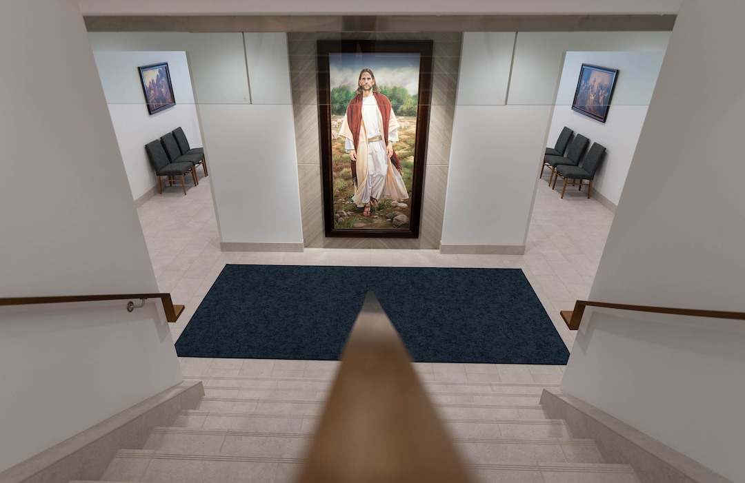 (Francisco Kjolseth | The Salt Lake Tribune) A foyer in the new 95 State meetinghouse of The Church of Jesus Christ of Latter-day Saints on Friday, April 8, 2022. 