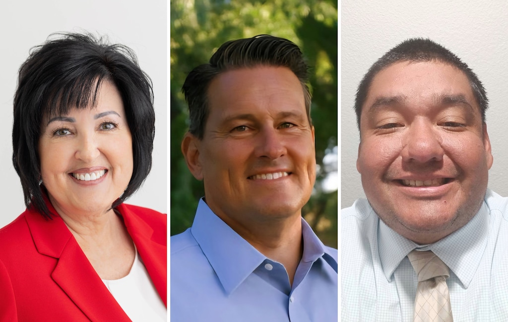 Candidates for St. George mayor, from left: current Mayor Michele Randall; Councilmember Jimmie Hughes; and Brannon Razo. Not pictured is Aros Mackey.