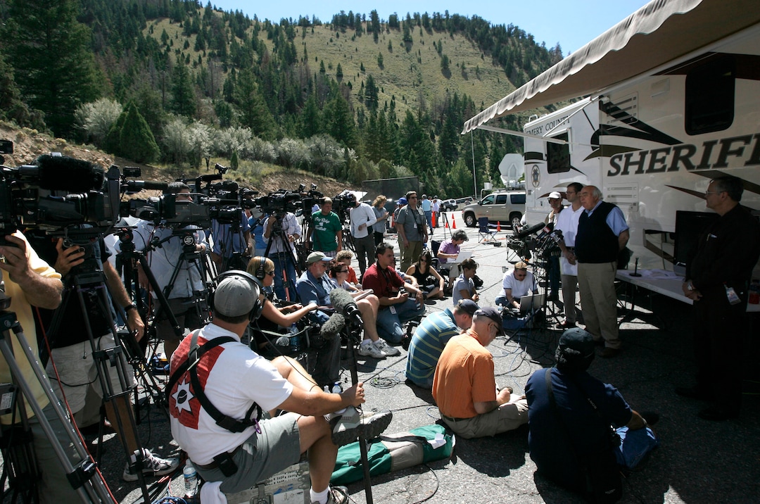 (Rick Egan  |  The Salt Lake Tribune)  Bob Murray addresses the press during a press conference at the command center at the intersection of Huntington and Crandall canyons on Aug. 9, 2007, three days after the mine's walls blew and buried six miners underground..