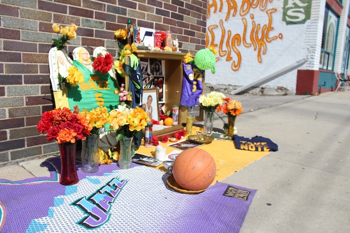 (Christopher Kamrani | The Salt Lake Tribune) A Utah Jazz playoff shrine on the corner of 200 East and 300 South in Salt Lake City on Monday, April 23, 2018.