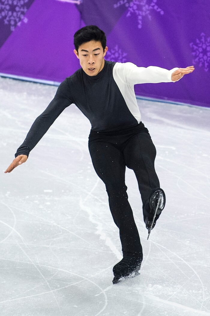 (Chris Detrick  |  The Salt Lake Tribune)  Salt Lake City's Nathan Chen falls while competing in the Men Single Skating Short Program at Gangneung Ice Arena during the Pyeongchang 2018 Winter Olympics Friday, Feb. 16, 2018. Chen finished with a score of 82.27.