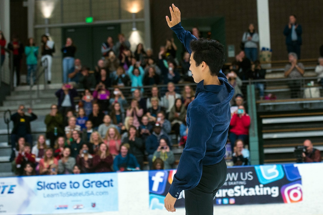 (Chris Detrick  |  The Salt Lake Tribune)   Nathan Chen waves to the crowd after winning the Men's Free Skate during the U.S. International Figure Skating Classic at the Salt Lake City Sports Complex Friday, September 15, 2017. 